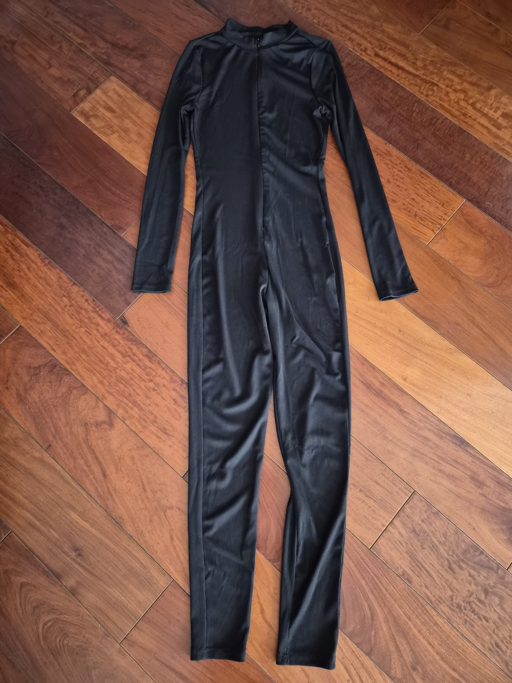 Black Ribbed Long Sleeve Jumpsuit Mock Neck - XXS